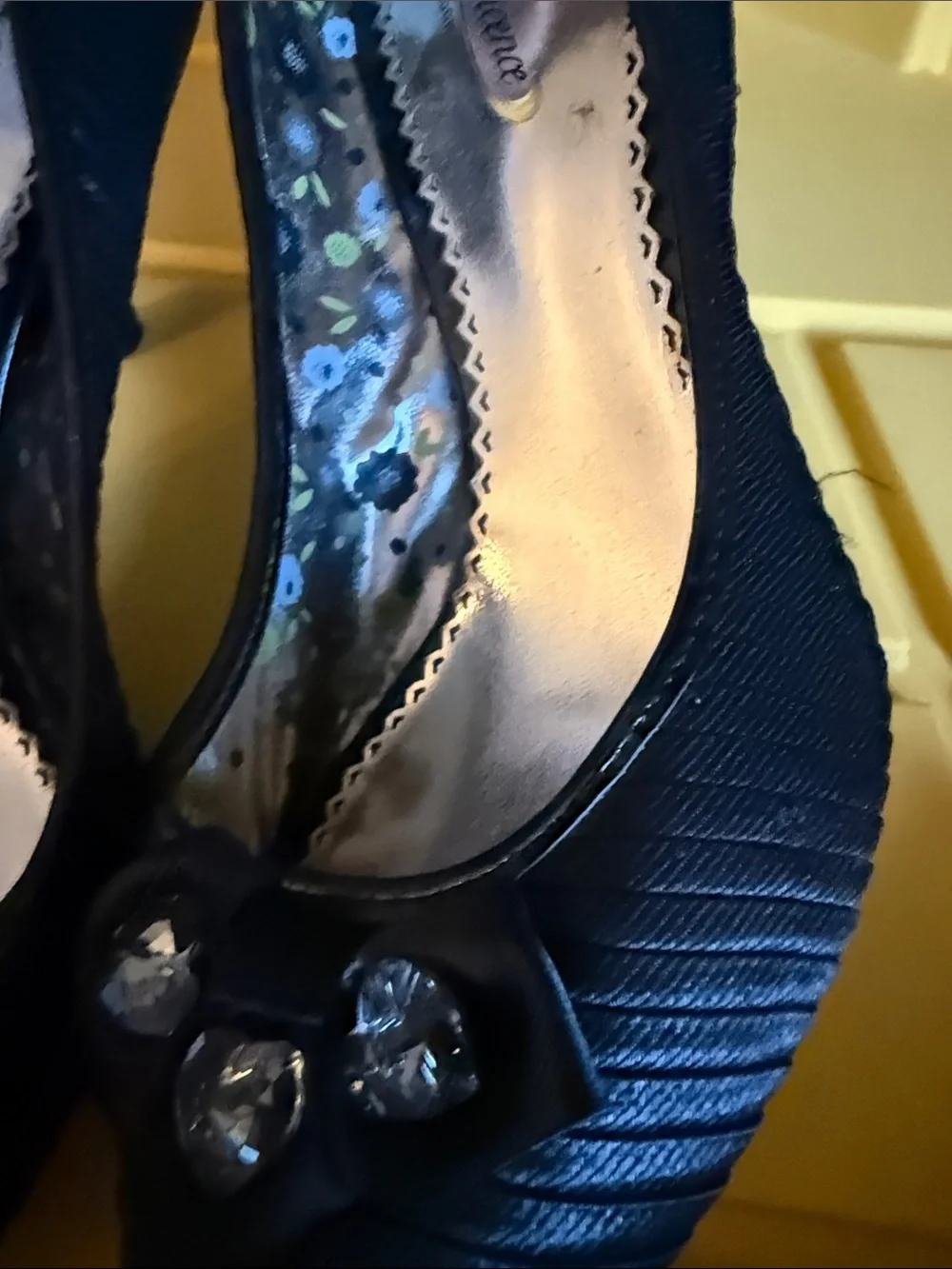 Poetic License Black Satin Peep-Toe Heels with Crystal Bow